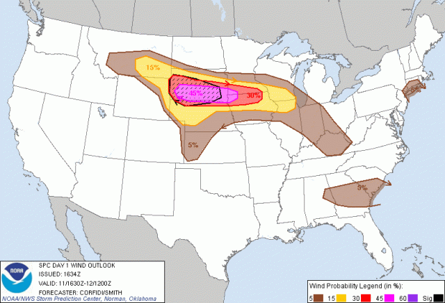 SPC's severe wind probabilities for today. There will also be a significant hail threat for much of this same areas. 