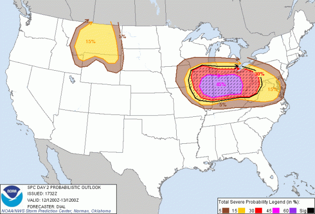 SPC's Day 2 severe probability outlook. Significant wind and hail threat will be likely tomorrow, 6/12/13.  