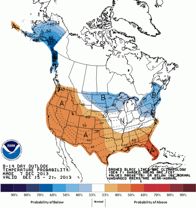 CPC's 8-14 day temperature probability between December 17 and 21.   