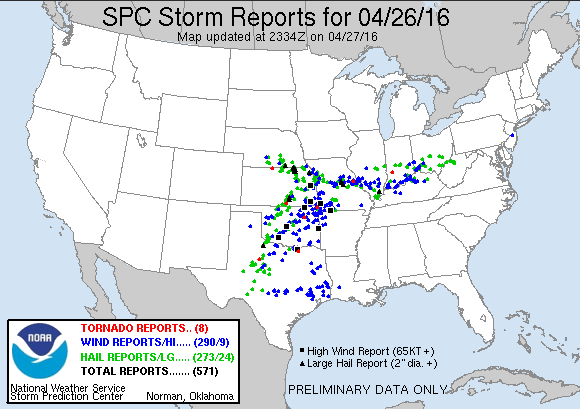 Tuesday, April 26, 2016 preliminary severe weather reports via SPC. Updates still pending.